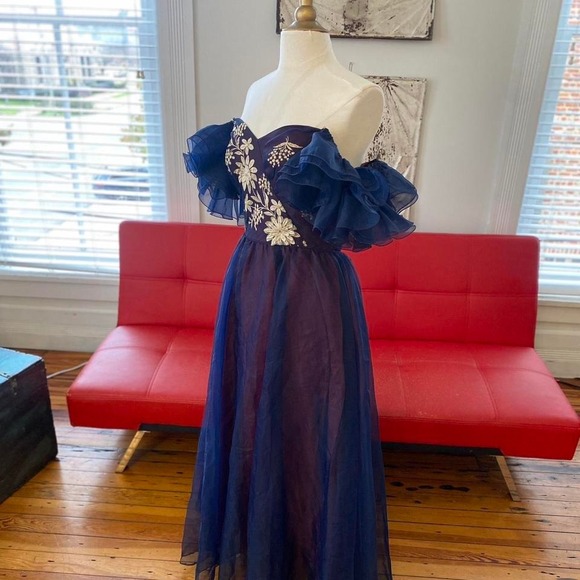 American Vintage Dresses & Skirts - Vintage Navy Purple Organza Prom Gown Embroidered Ruffle Off Shoulder Dress Sz S